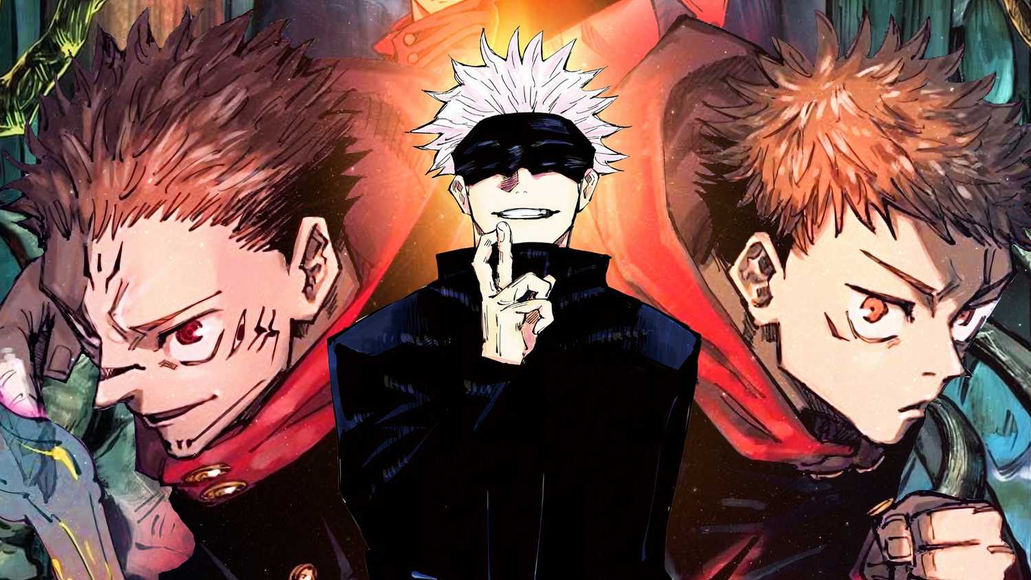 Gojo portant son bandeau et souriant avec les doigts croisés au centre avec Sukuna à gauche et Yuji à droite en arrière-plan dans Jujutsu Kaisen