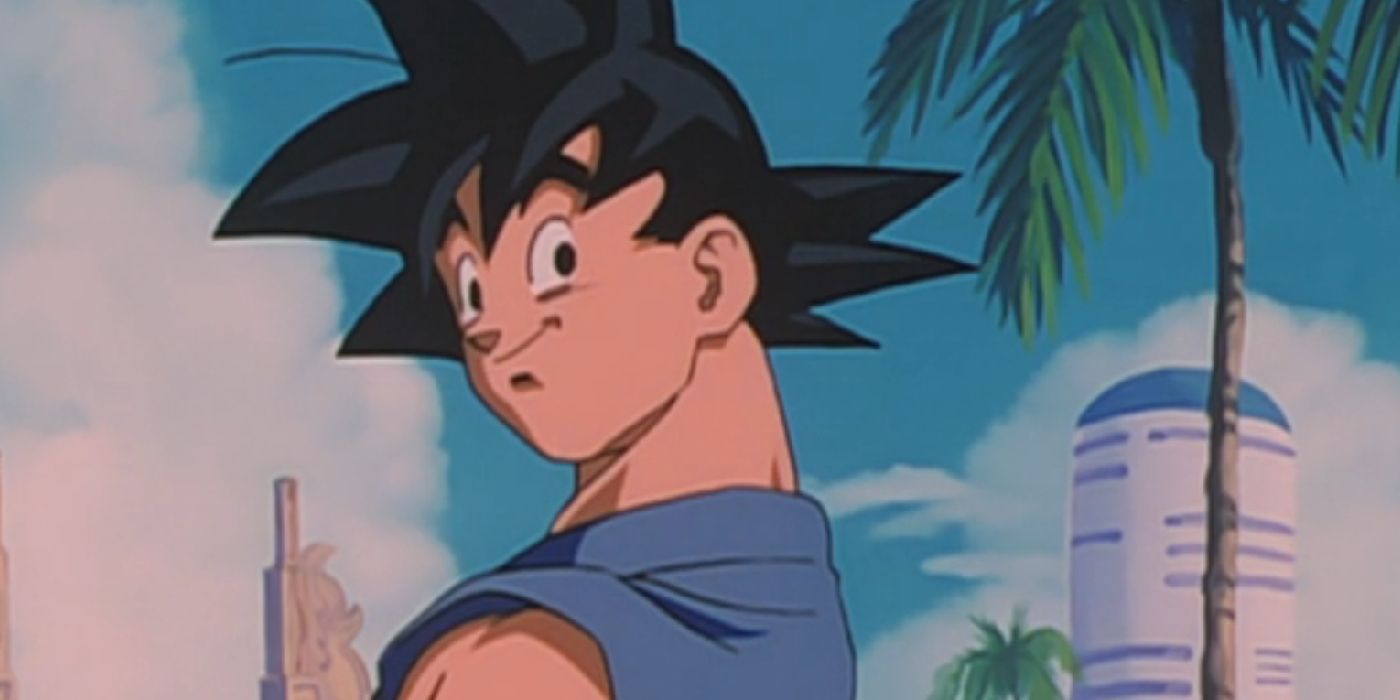 Goku olhando para trás com um largo sorriso no rosto no final de Dragon Ball GT.