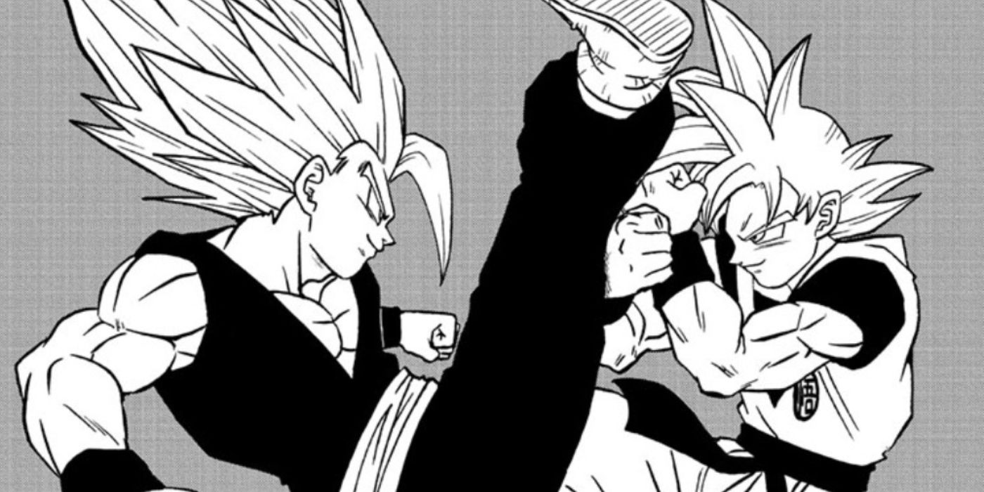 Goku e Gohan de Dragon Ball Super treinando juntos. 