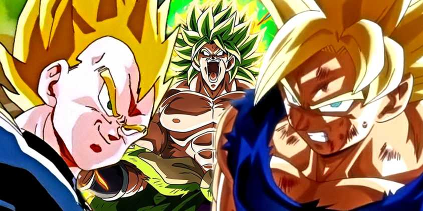 DBZ's Goku, Vegeta, and Broly, all powered-up to Super Saiyan.