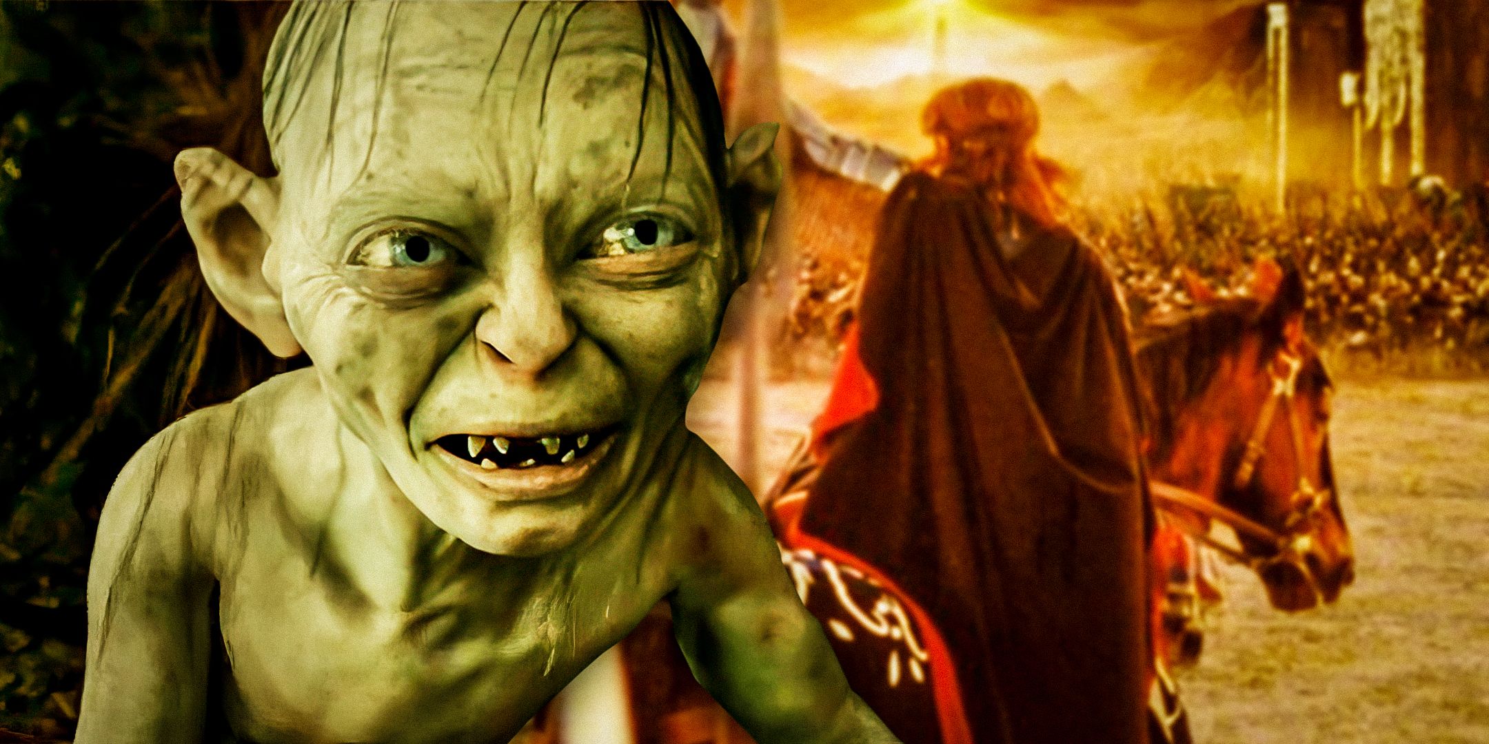 Uma imagem diferente de Gollum na trilogia O Senhor dos Anéis e um cavaleiro na Terra Média