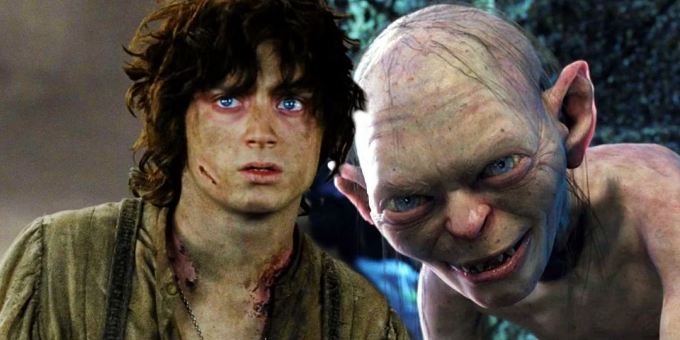 Frodo looking exhausted next to Gollum smiling in The Lord of the Rings