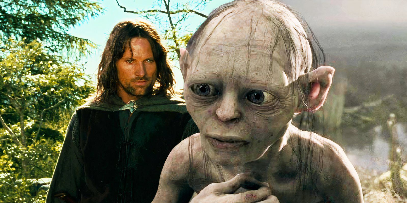 Gollum juxtaposed with Viggo Mortensen as Aragorn in The Lord of the Rings trilogy