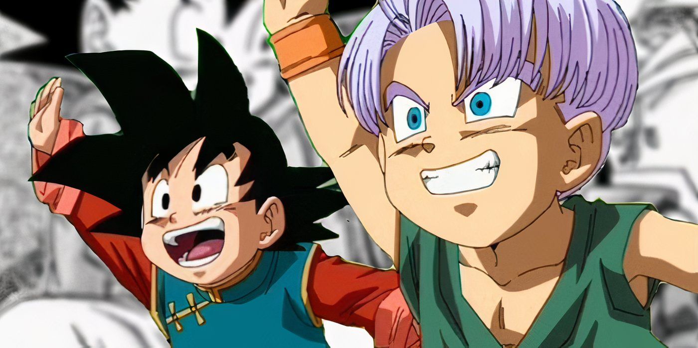 Goten waving next to Trunks who is smiling and also waving