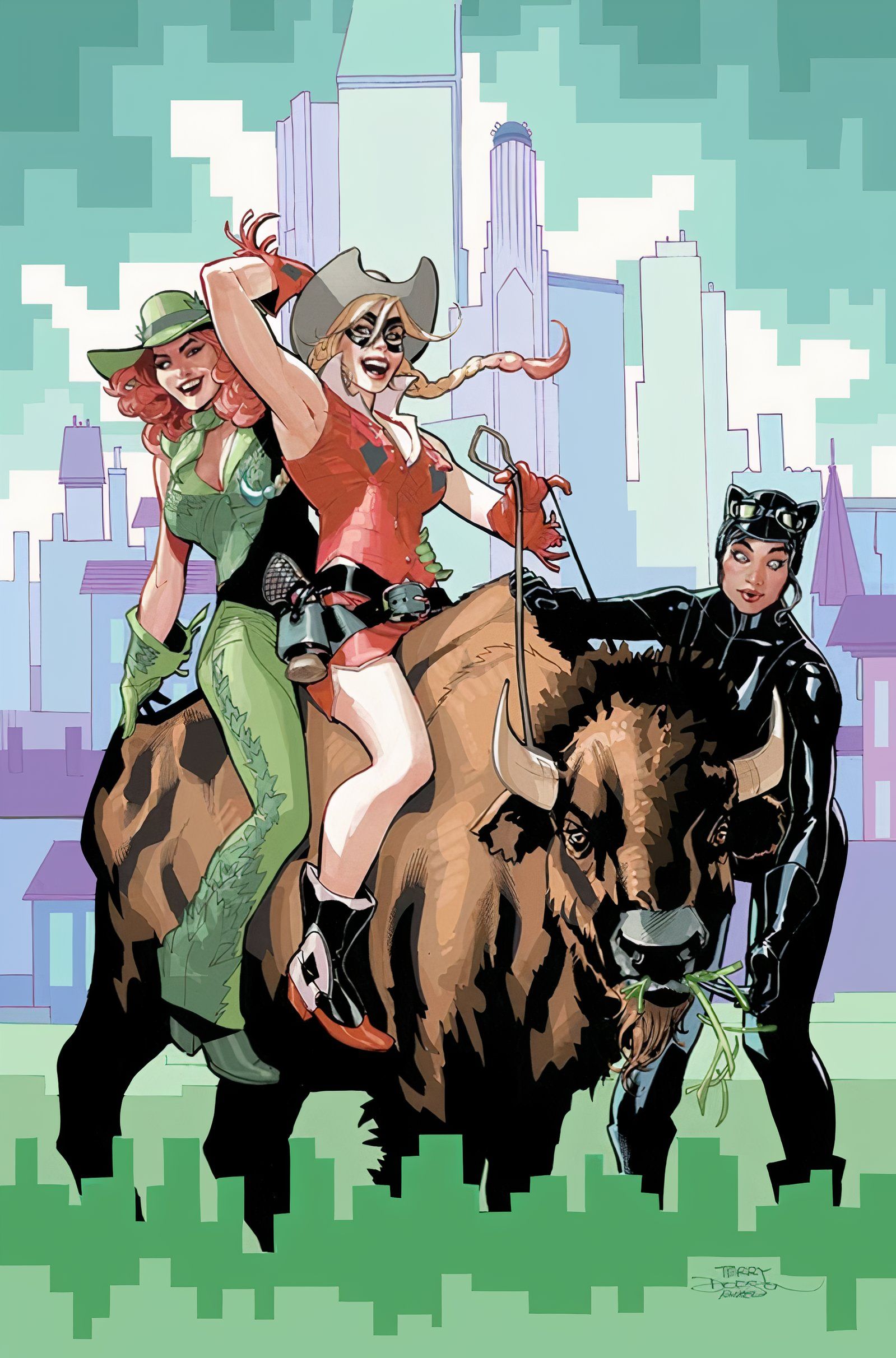 Capa principal de Gotham City Sirens #1, com Hera Venenosa e Arlequina cavalgando um bisão, enquanto a Mulher-Gato as guia.