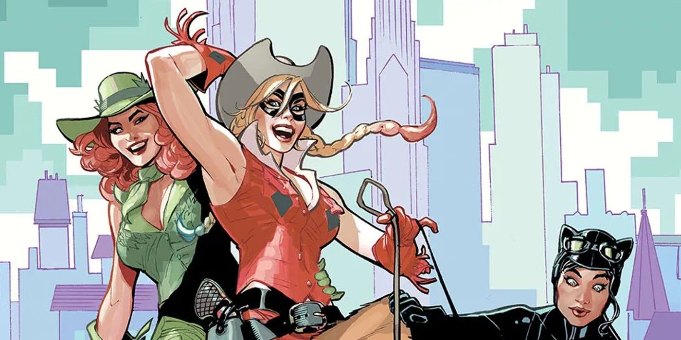 Gotham City Sirens western cover feature image featuring Catwoman Poison Ivy and Harley Quinn