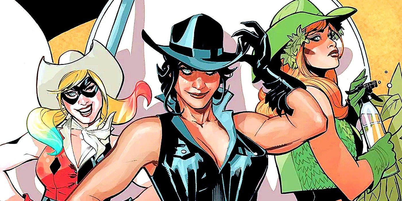 Comic book art: Harley Quinn, Catwoman, and Poison Ivy in cowboy costumes.