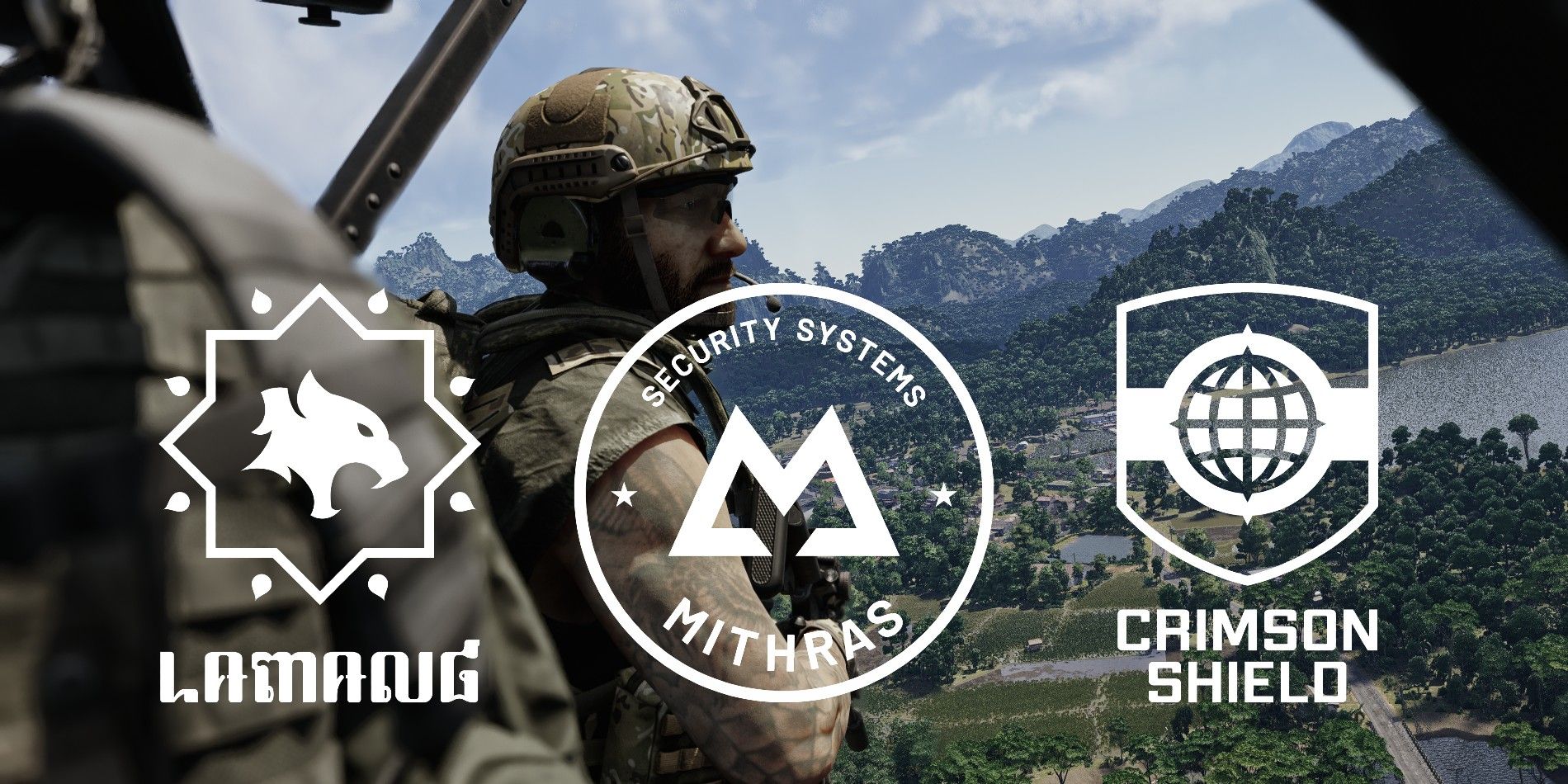 Os logotipos das facções da Grey Zone Warfare, com uma imagem de soldados em um helicóptero ao fundo.