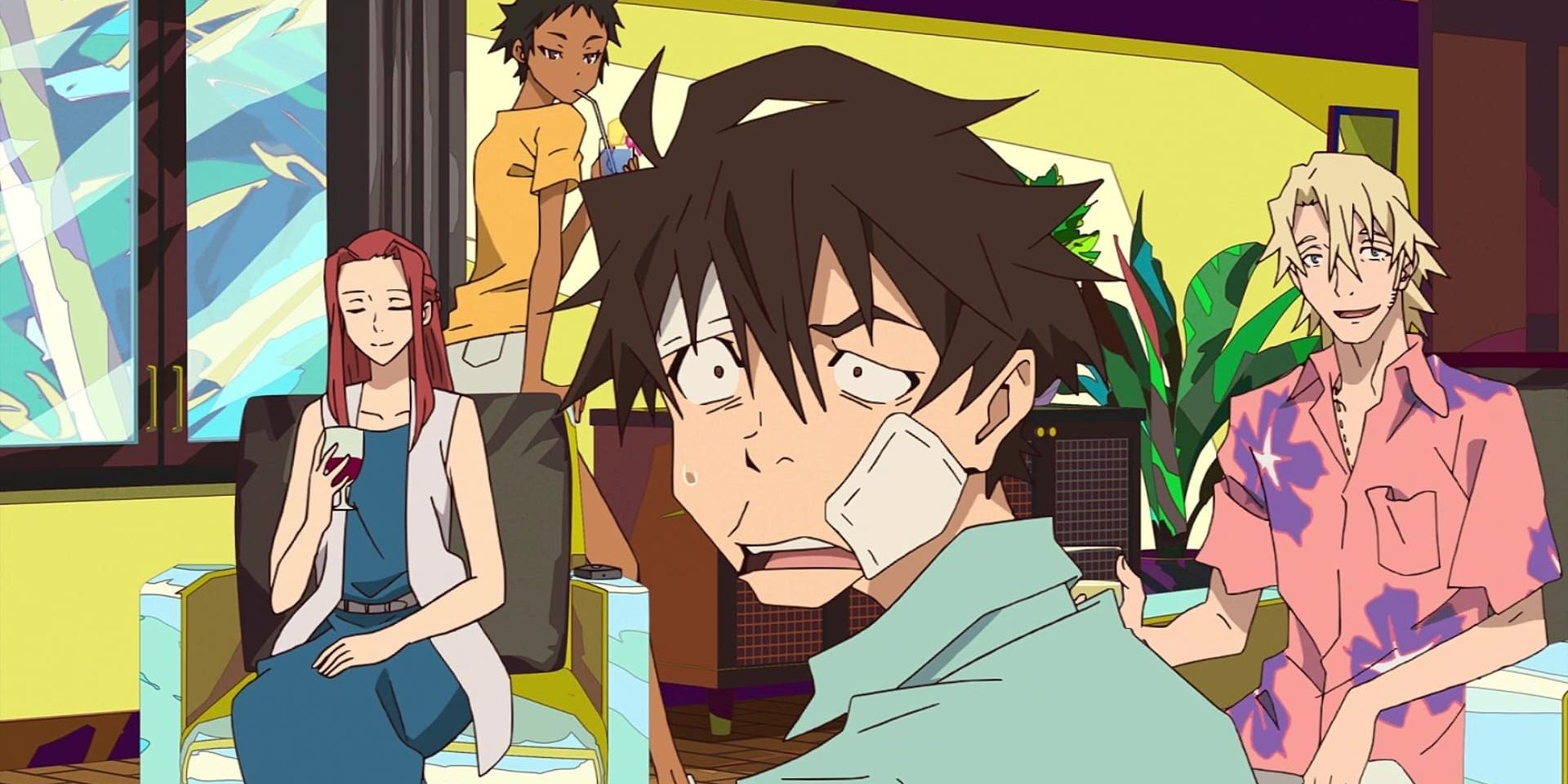 Makoto, Laurent, Abigail, and Cynthia sit in a room, with Makoto looking off screen in shock while his face is covered in bandaids.