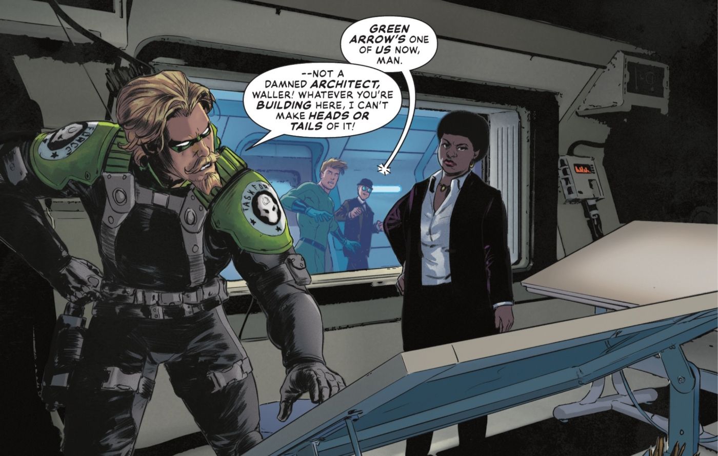 Absolute Power #1, Arqueiro Verde em seu novo traje, conversando com Amanda Waller sobre um projeto misterioso.