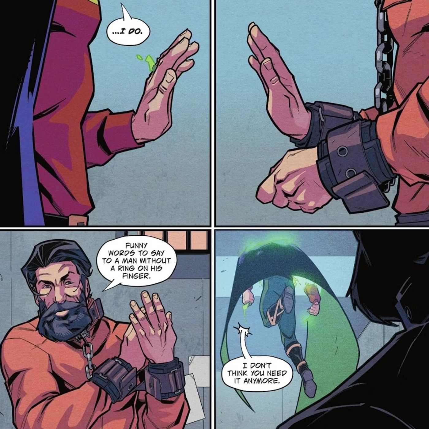 Painéis de quadrinhos: O Lanterna Verde Alan Scott faz uma promessa ao Lanterna Vermelho preso Vlad.