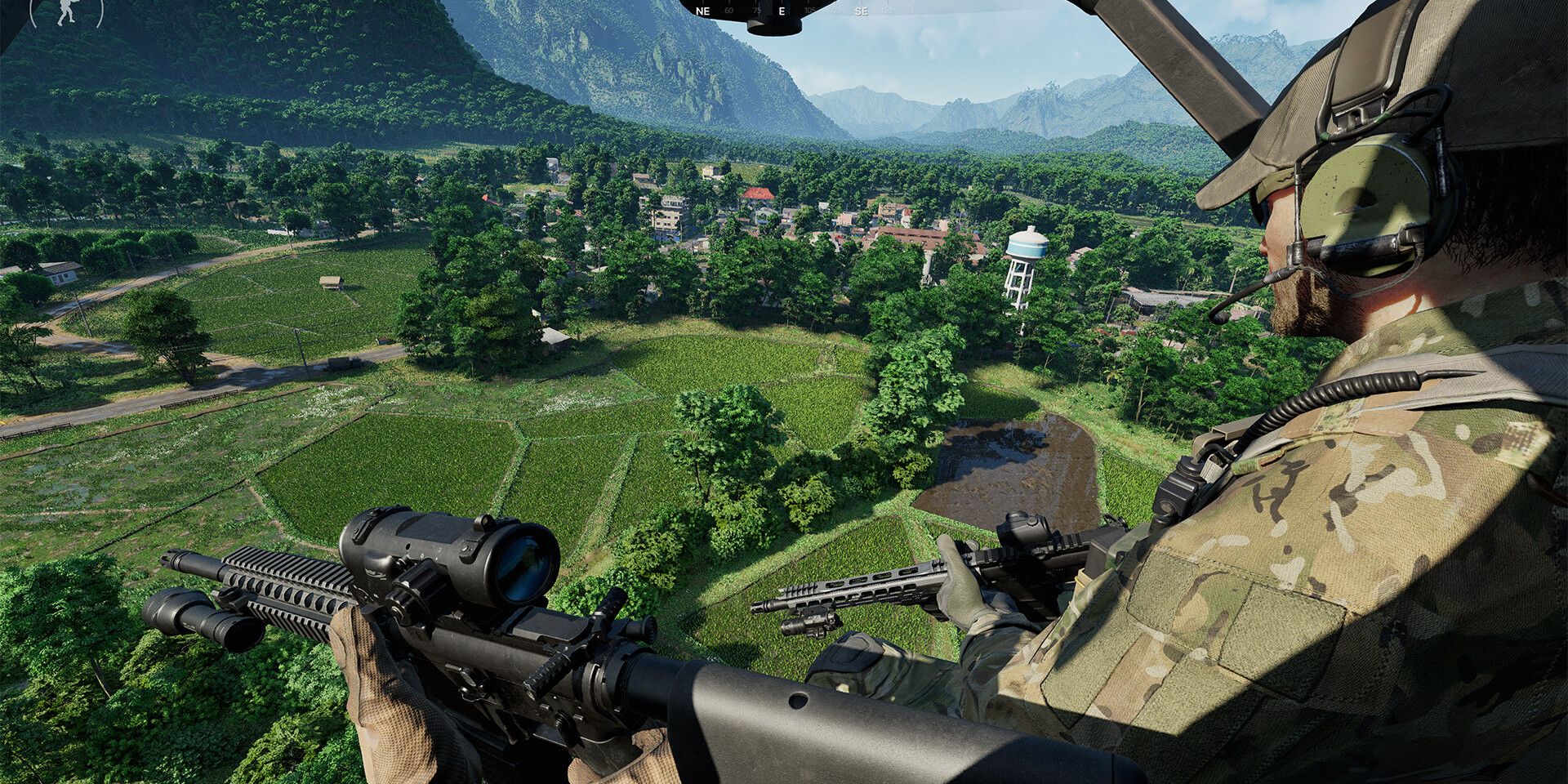 Um jogador olhando de um helicóptero em Gray Zone Warfare.