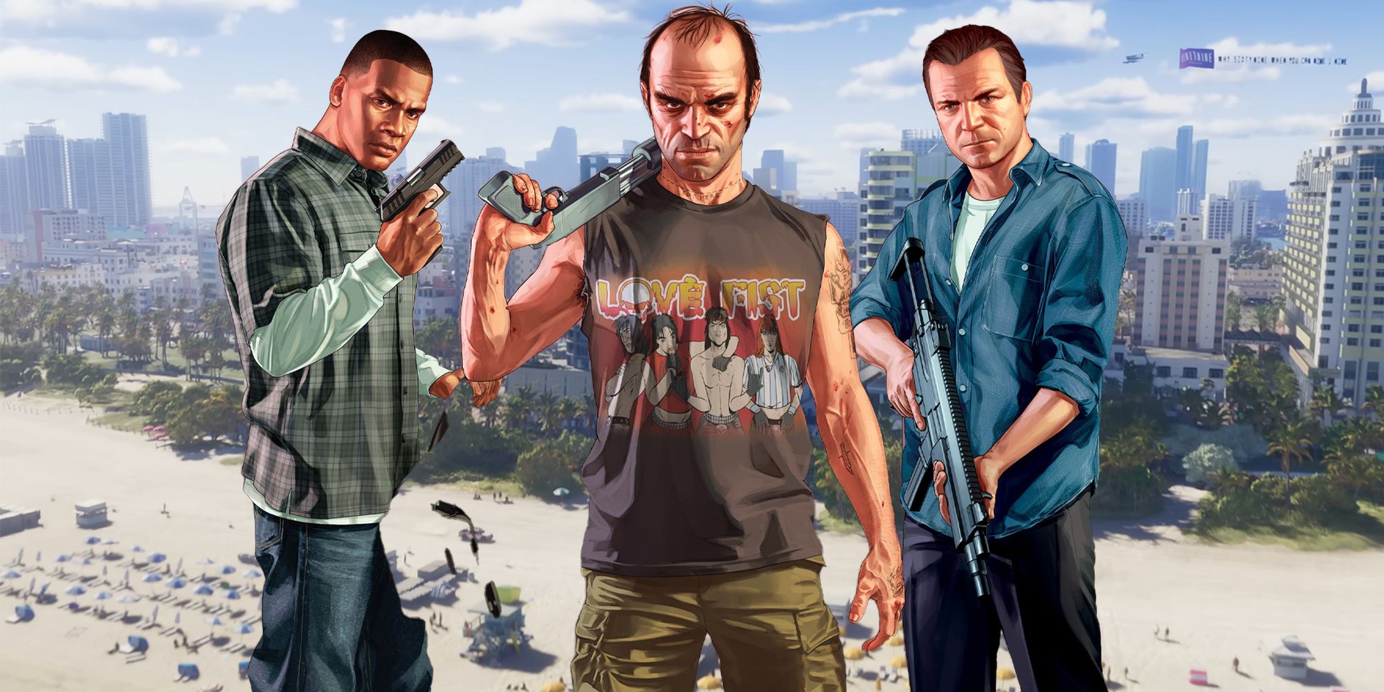 GTA 5 protagonists with GTA 6's Vice City behind them