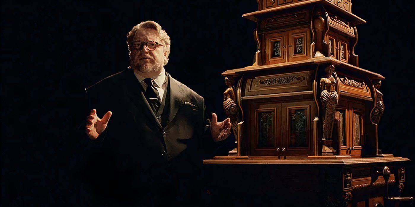 Guillermo del Toro fazendo um segmento de introdução ao lado de uma modelo no Gabinete de Curiosidades da Netflix