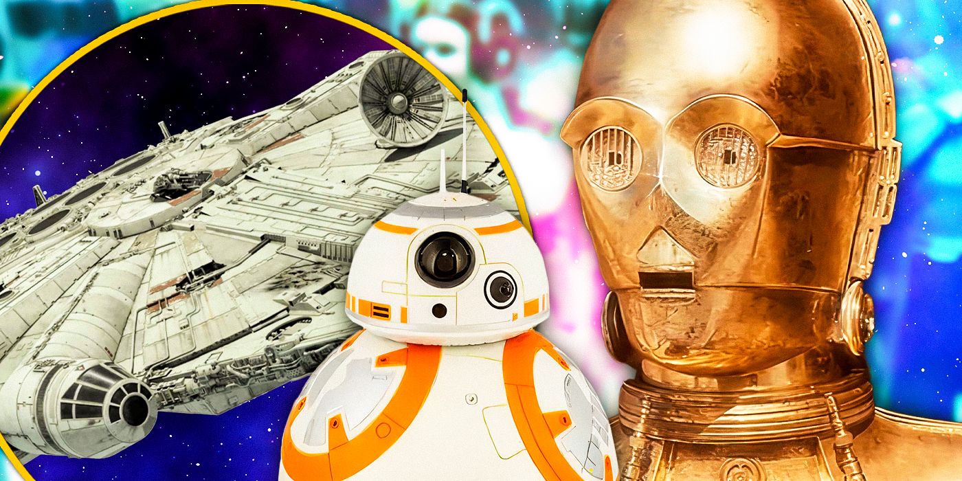 C-3PO, BB-8, and the Millennium Falcon in Star Wars, edited together