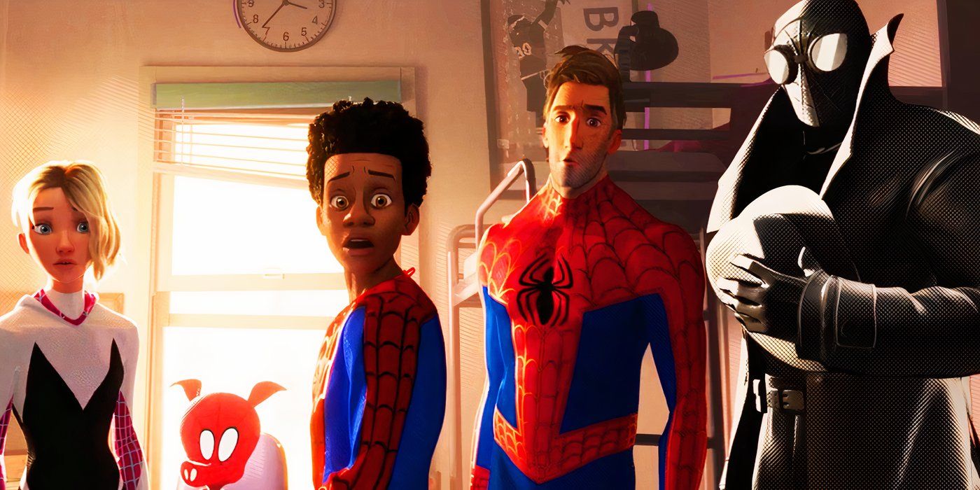 Gwen Stacy, Spider-Pig, Miles Morales, Peter B. Parker, and Spider-Man Noir in Spider-Man Into the Spider-Verse