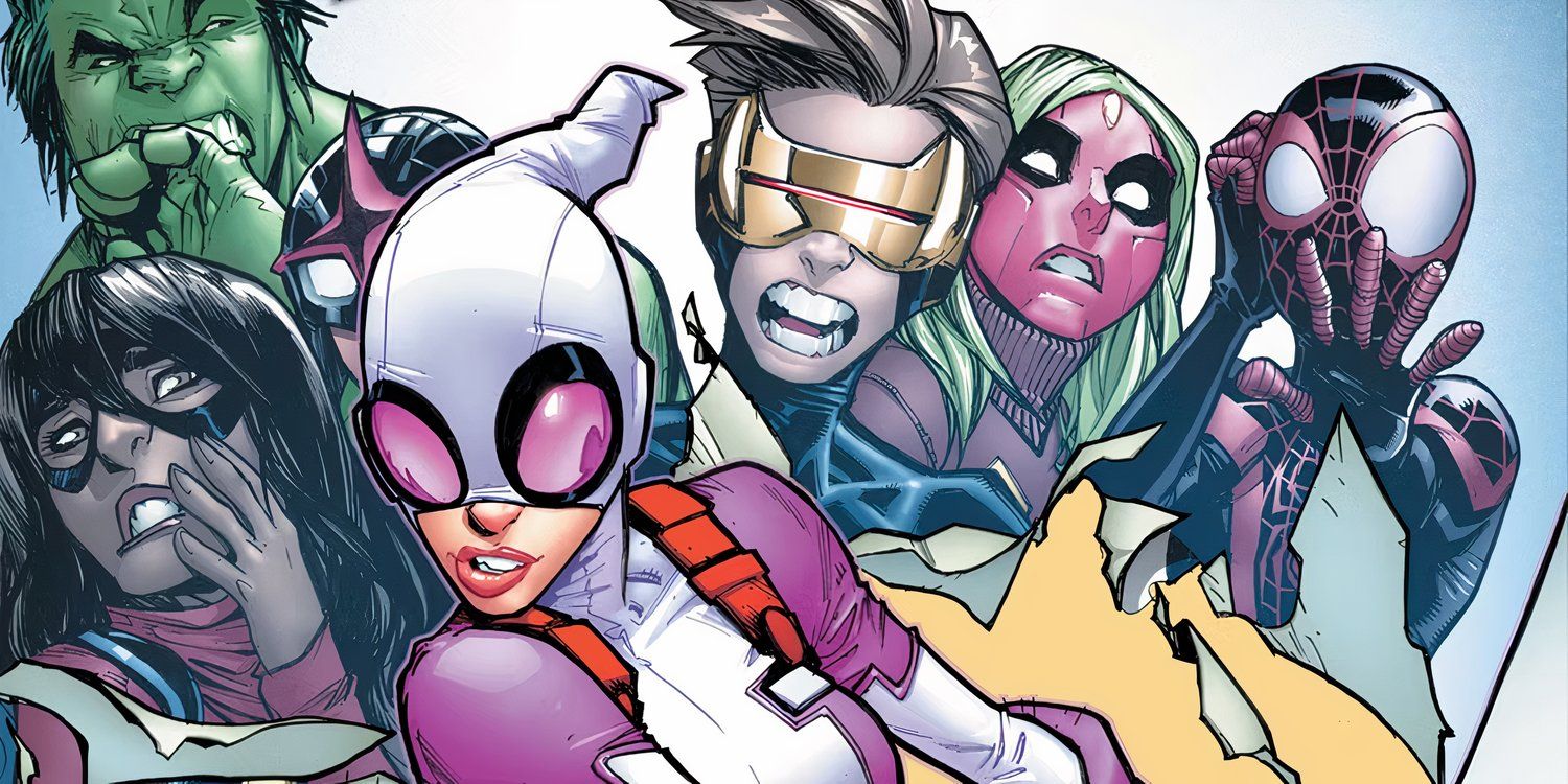 Gwenpool along with Marvel heroes including Marvel Girl, Hulk, Cyclops, and Miles Morales Spider-Man.