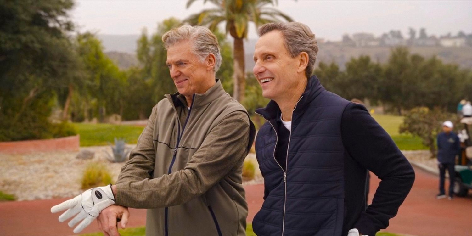 Marty (Christopher McDonald) and Bob Lipka (Tony Goldwyn) on the golf course in Hacks season 3 Episode 5, 6 