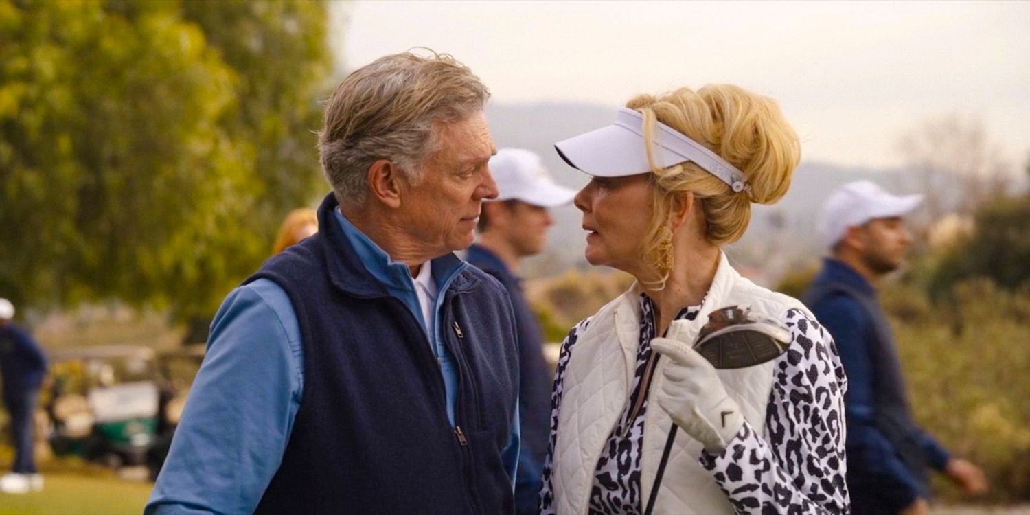 Marty (Christopher McDonald) and Deborah (Jean Smart) look into each other's eyes before starting the golf game in Hacks season 3 Episode 5, 6 