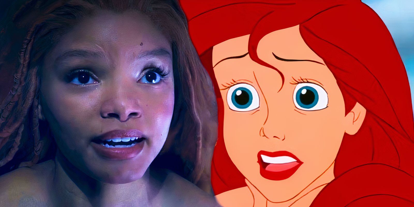 Halle Bailey as Ariel in The Little Mermaid live action next to animated Ariel in The Little Mermaid original