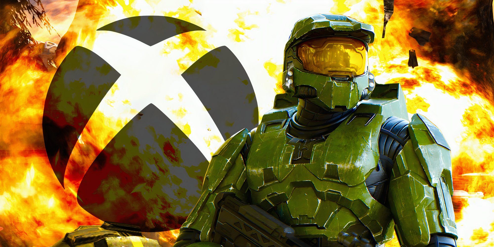 Halo Master Chief with a teardrop falling from his eye with the Xbox logo.