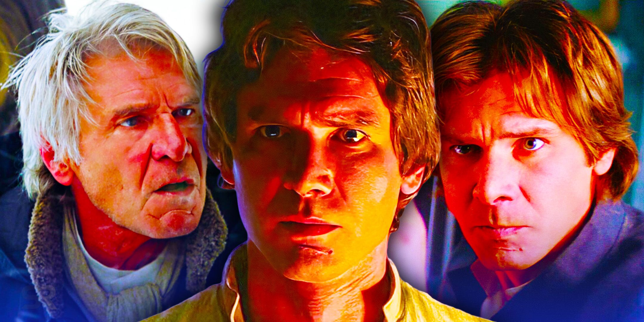 Han Solo from the Force Awakens looking angry to the left and Han Solo from the original trilogy looking serious in the center and to the right in a combined image