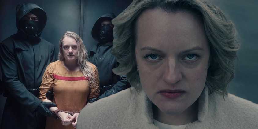 A composite image of June looking angry with June being arrested in The Handmaid's Tale