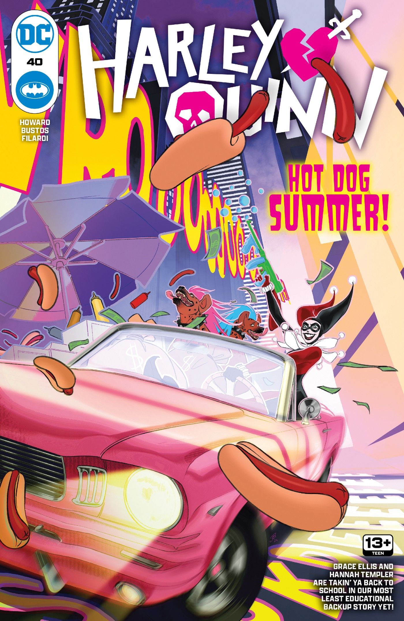 Harley Quinn 40 features Harley Quinn driving a car chaotically with her pet hyenas as hot dogs fly everywhere