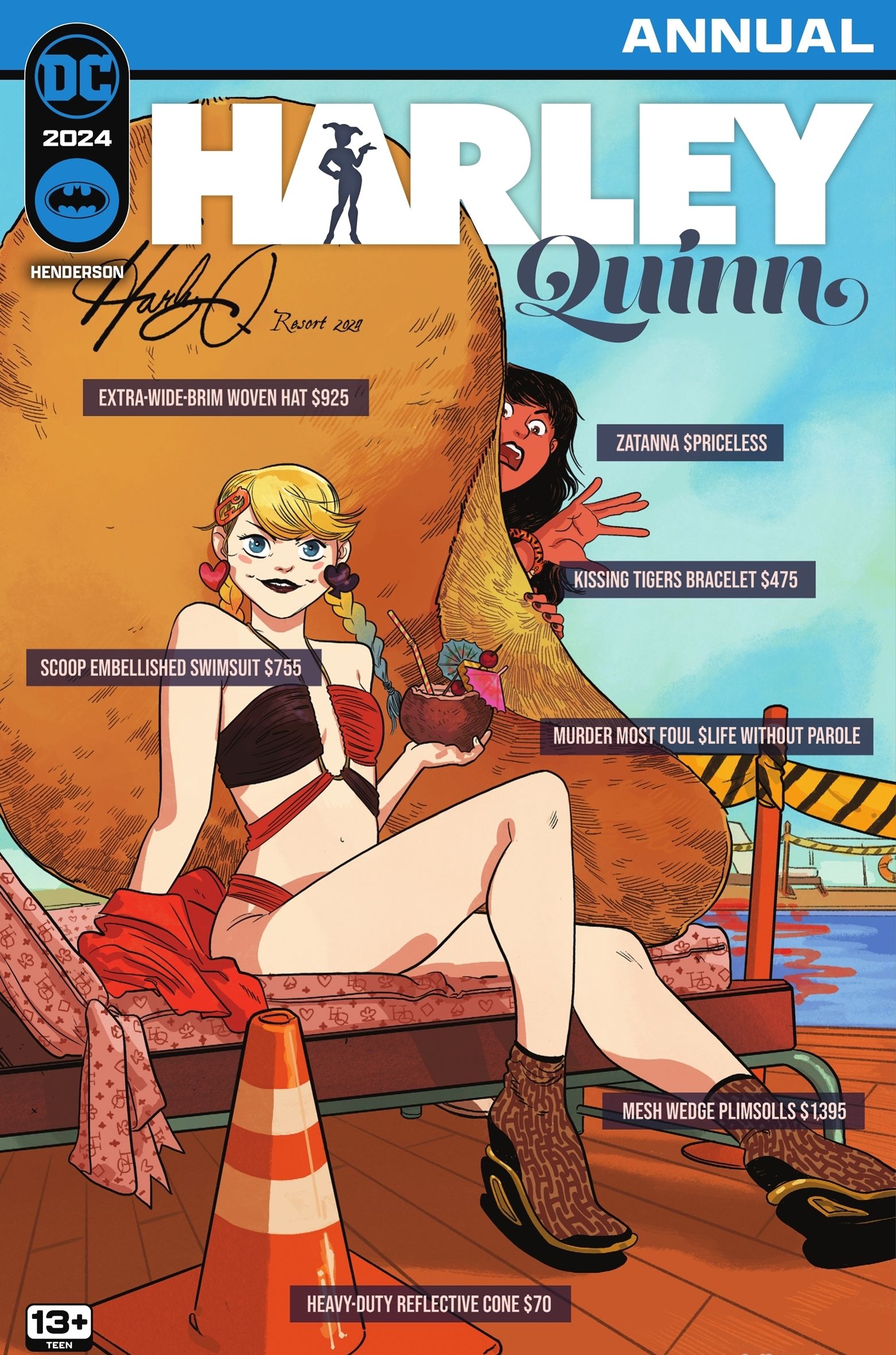 Harley Quinn sits on a lounge chair in a bikini and a large wide-brimmed. Zatanna peaks around the hat. 