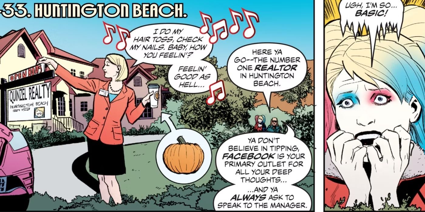 Comic book panels: Harley Quinn Sees a &ldquo;Basic&rdquo; Version of Herself Drinking a Pumpkin Spice Latte