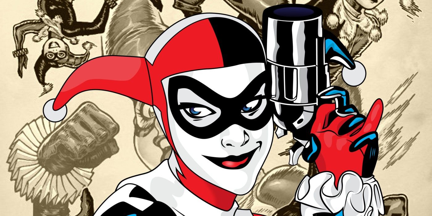 Harley Quinn in her jester suit over a background of Harley Quinns in assorted poses