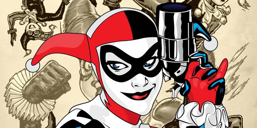 Comic book art: Harley Quinn in her jester suit over a background of Harley Quinns in assorted poses