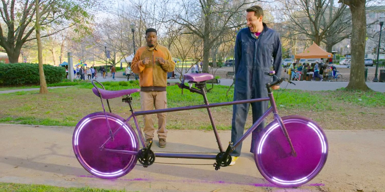 Harold (Zachary Levi) draws a double bicycle in Harold and the Purple Crayon