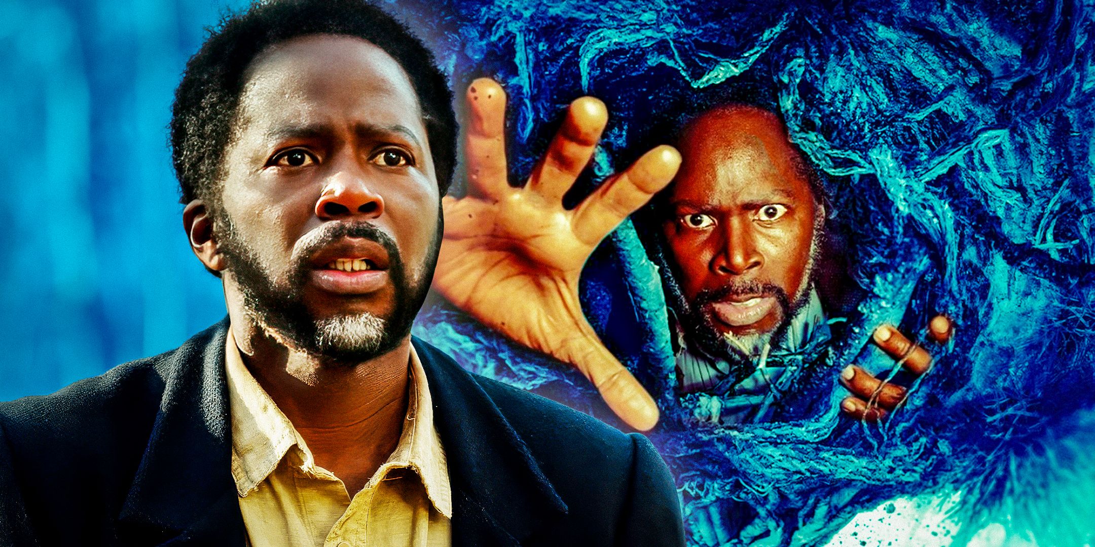 Harold Perrineau as Boyd Stevens looking shocked in From with Boyd being pulled into a void behind him