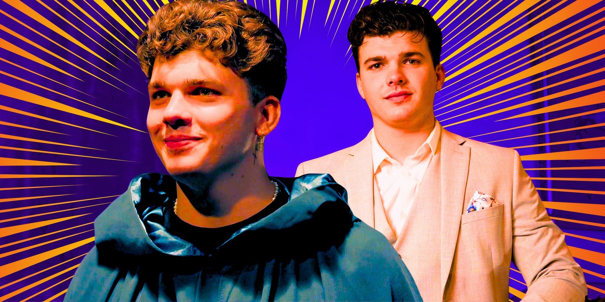 harry clark from the traitors uk in a montage featuring him in green and white outfits with purple and yellow background