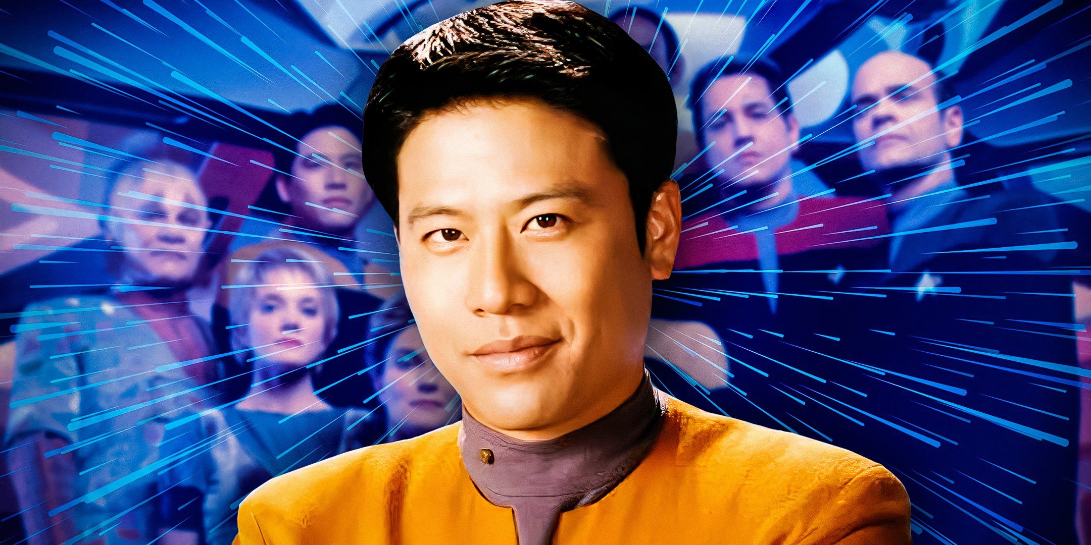 Harry Kim (Garrett Wang) from Star Trek: Voyager with the Voyager season 3 cast in the background.