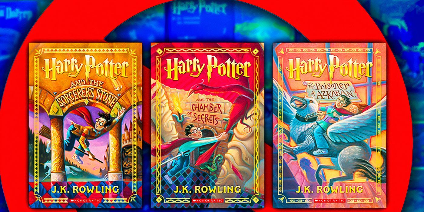 Harry Potter book covers with a symbol of prohibition in the background
