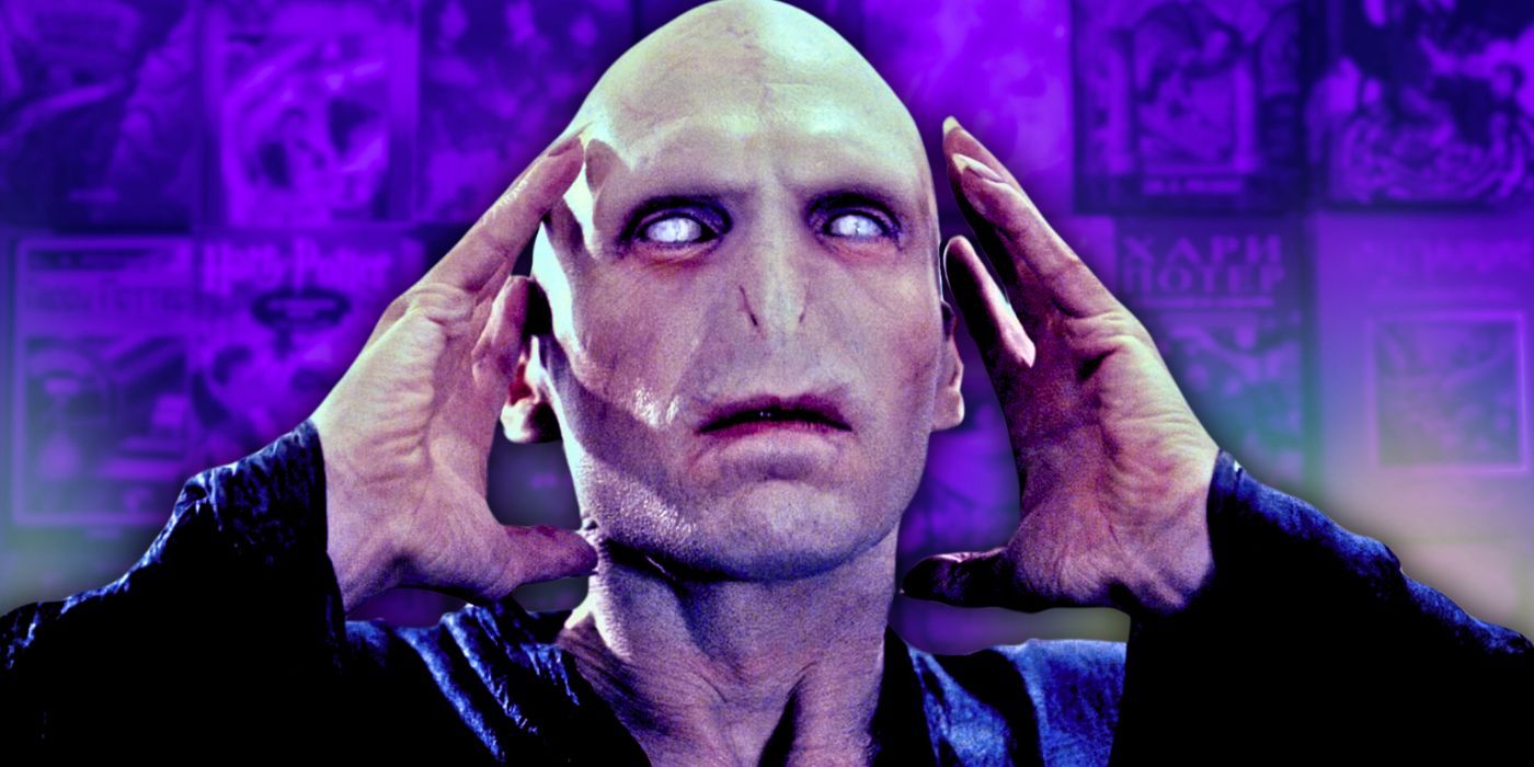 Ralph Fiennes as Voldemort in the Harry Potter movies with the book covers as the background