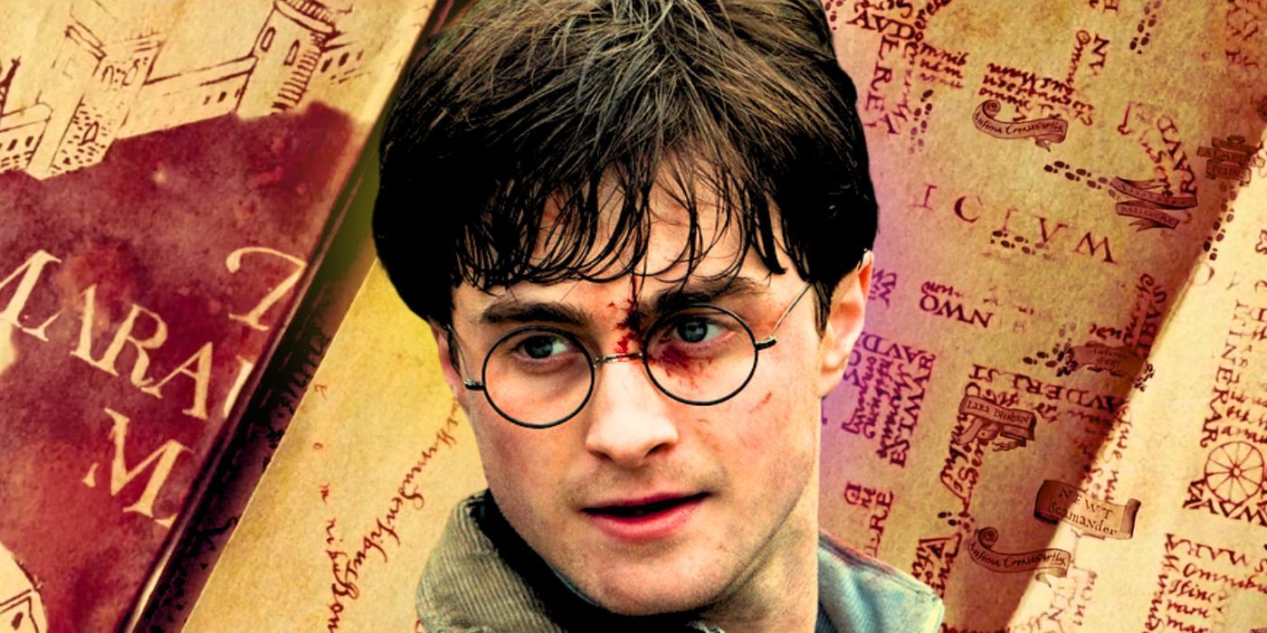 Superimposed image of Daniel Radcliffe as Harry Potter with the Marauder's Map as a background