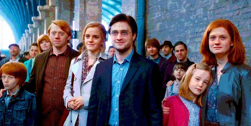 Harry Potter Epilogue featuring an older Harry Potter (Daniel Radcliffe), Ron Weasley (Rupert Grint), Hermione Granger (Emma Watson), and Ginny Weasley (Bonnie Wright)