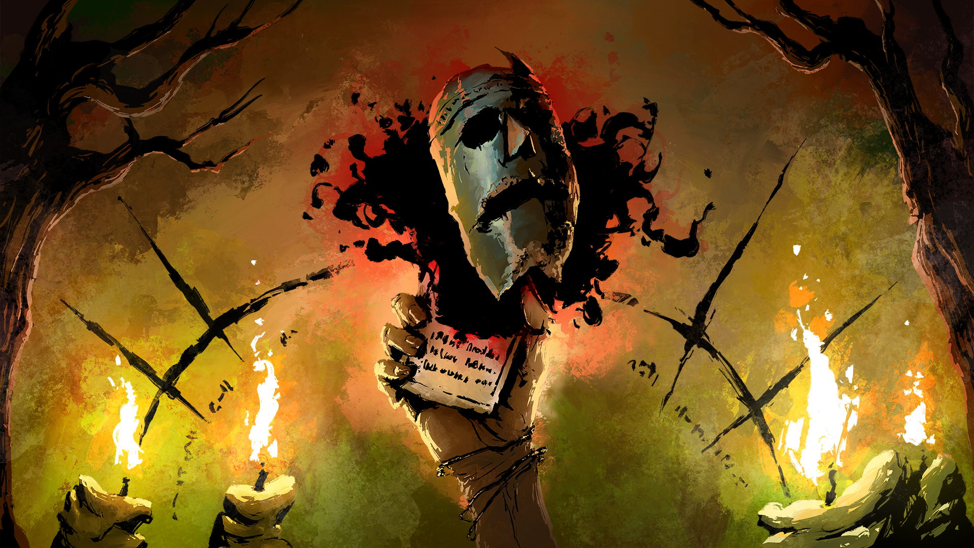 A view of the Warden's Mask with a ritual background for video game Harvest Hunt
