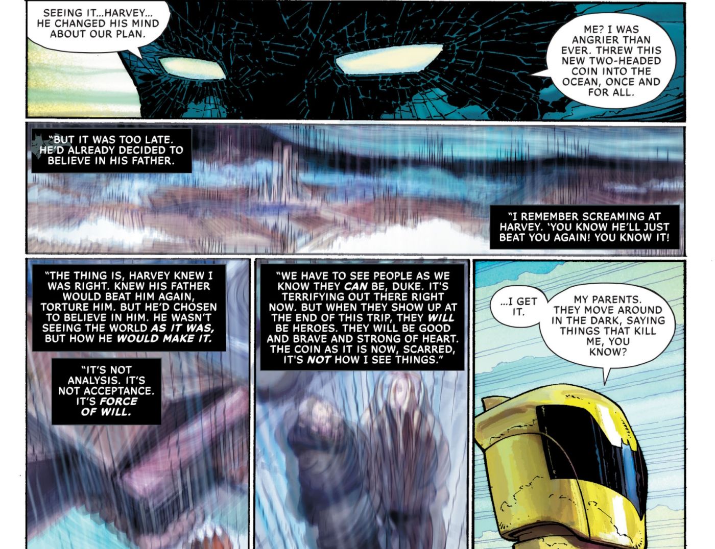 All-Star Batman #3, Bruce adulto narra como um encontro com Harvey Dent quando eles eram crianças ajudou a moldar sua identidade heróica.