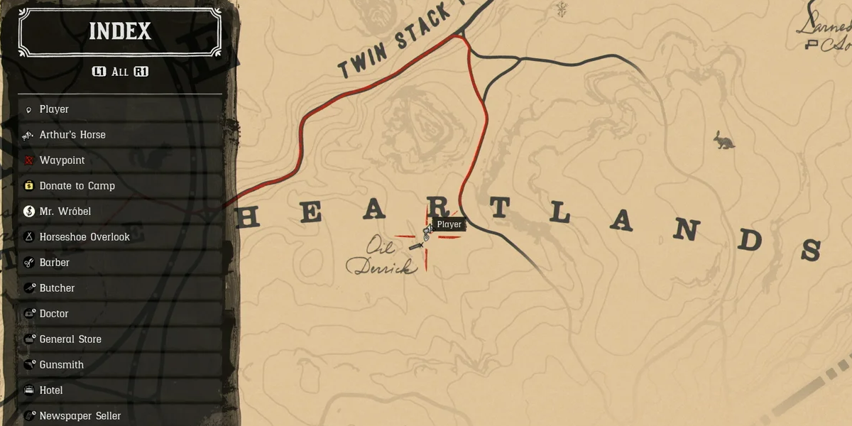 Red Dead Redemption 2 Mapa do jogo ampliado em Oil Derrick, onde texugos são comumente encontrados