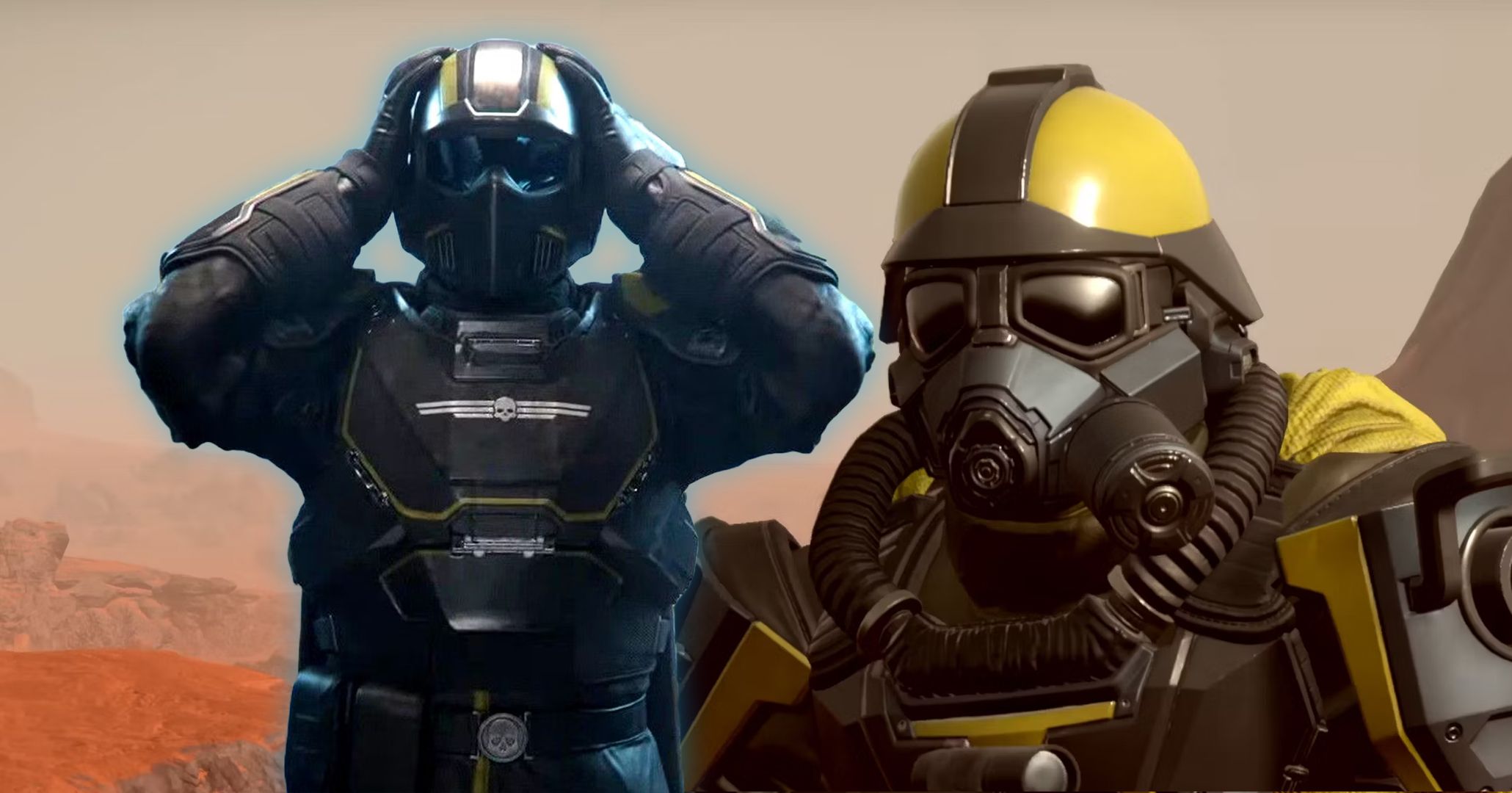 A shocker Helldivers 2 soldier next to one in Ground Breaker armor.