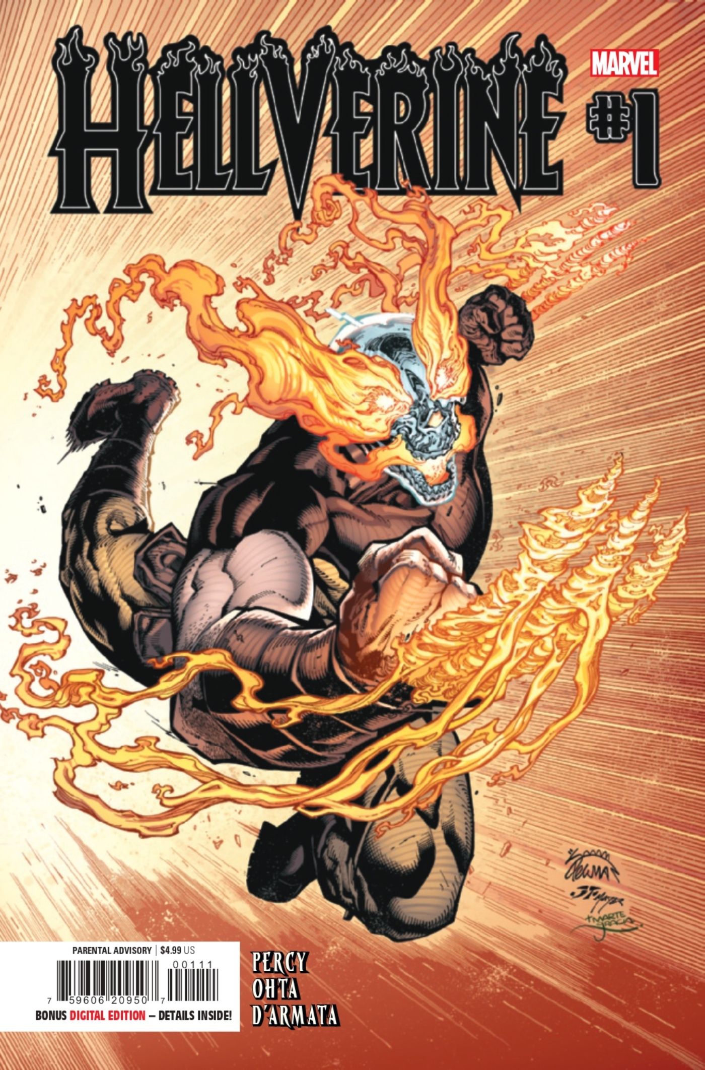 Capa #1 de Hellverine apresentando Wolverine com poderes de Motoqueiro Fantasma.