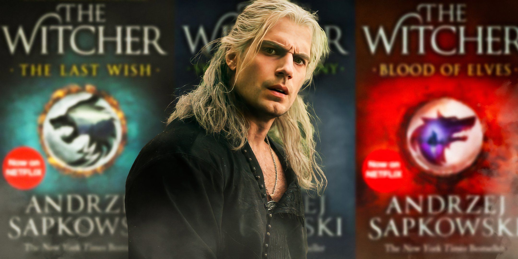 Henry Cavill as Geralt from The Witcher and images of The Witcher book covers