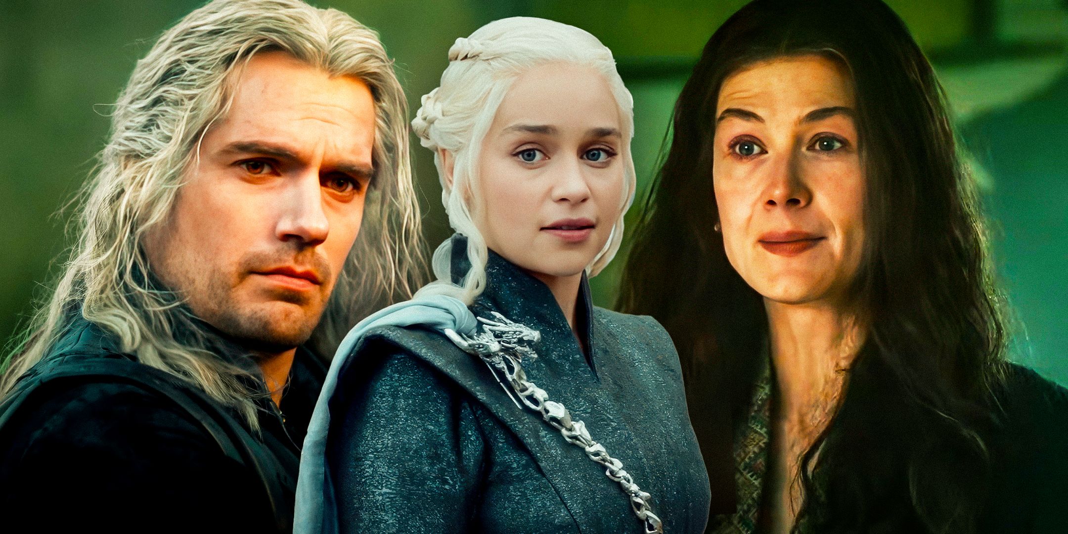 (Henry Cavill as Geralt of Rivia) from The Witcher, (Rosamund Pike as Moiraine Damodred) from The Wheel of Time and (Emilia Clarke as Daenerys Targaryen) from Game of Thrones
