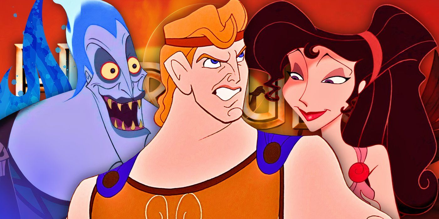 Hercules, Megara, and Hades from Disney's Hercules are in front of the Hercules logo