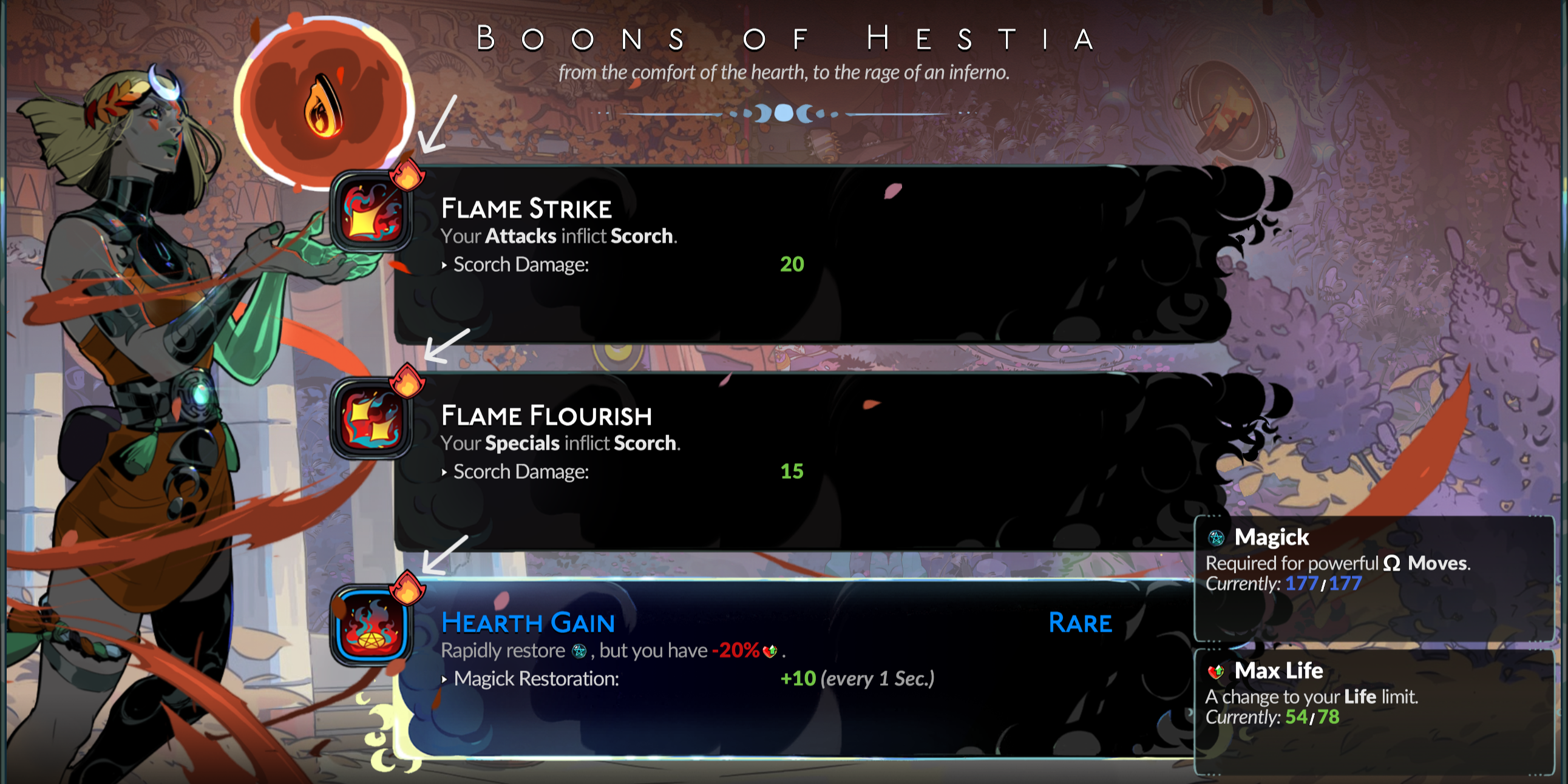 Menu de benefícios de Hestia em Hades 2, com as essências elementares do fogo circuladas para dar ênfase.