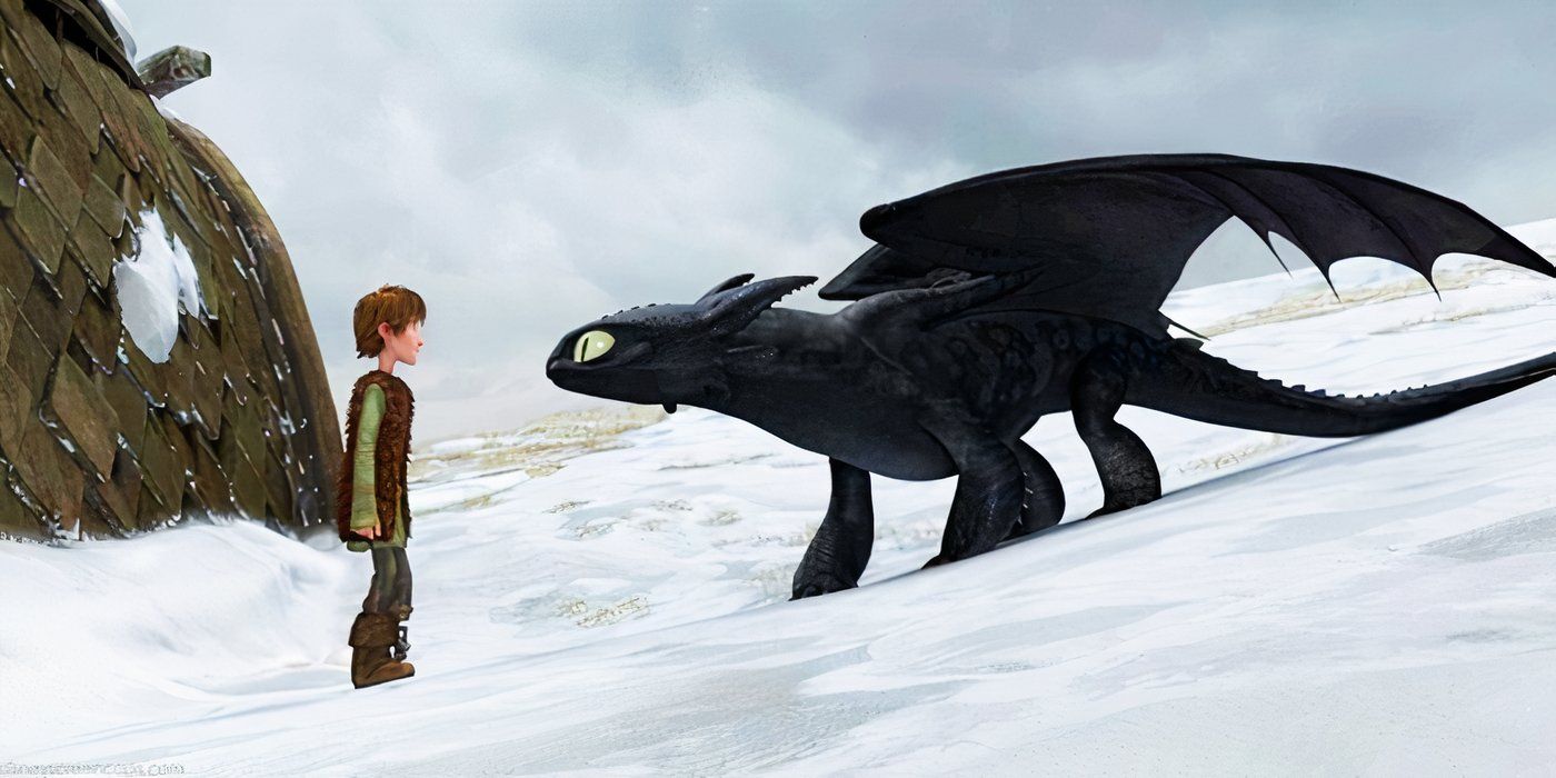 Hiccup and Toothless facing each other on a snowy landscape in How to Train Your Dragon